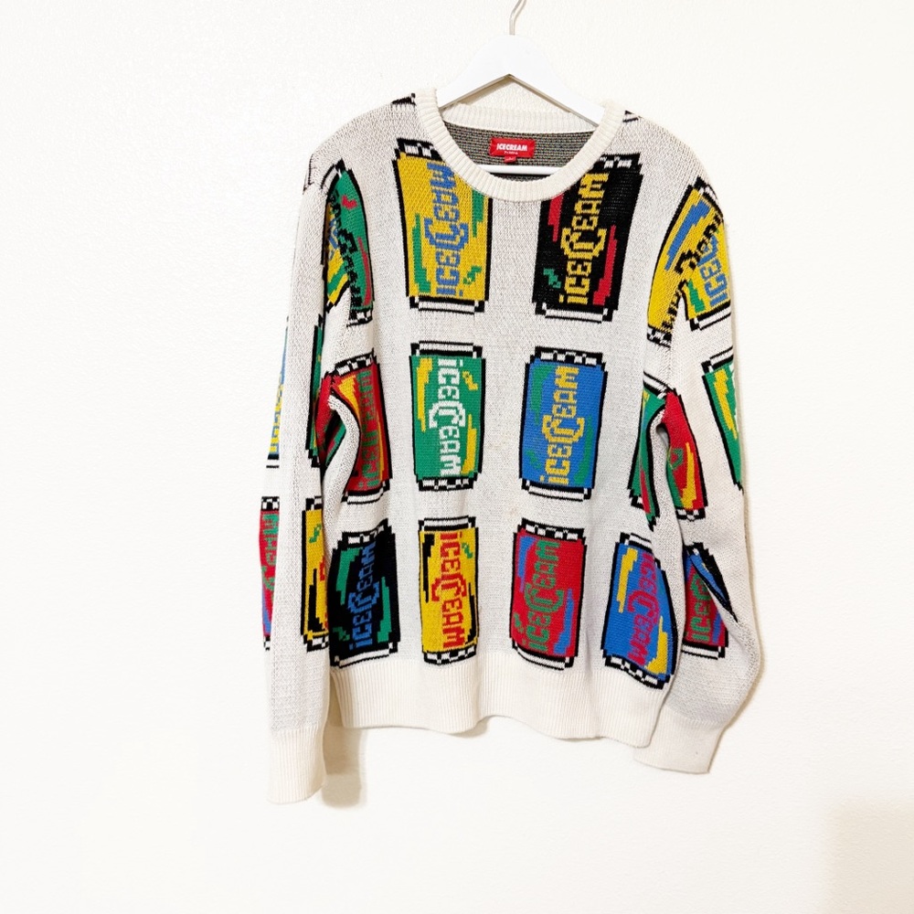 ICECREAM Lemon Lime Jacquard Can Print Graphic Logo Cotton Crewneck Sweater - Picture 11 of 13